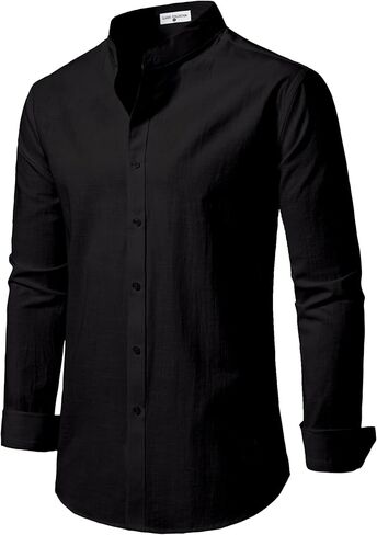 DELCARINO Mens Linen Band Collar Beach Shirts Casual Button Down Solid Plain Long Sleeve Hawaiian Shirts in Saudi Arabia