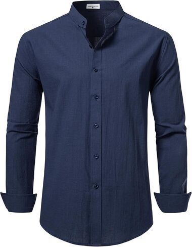 DELCARINO Mens Linen Band Collar Beach Shirts Casual Button Down Solid Plain Long Sleeve Hawaiian Shirts in Saudi Arabia