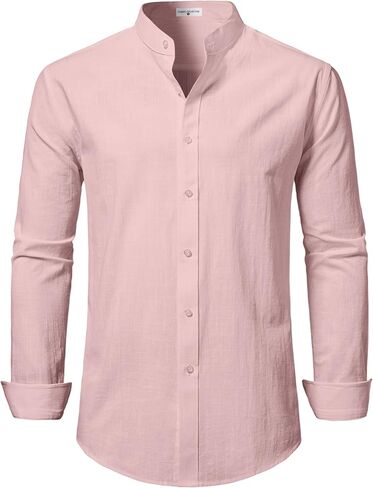 DELCARINO Mens Linen Band Collar Beach Shirts Casual Button Down Solid Plain Long Sleeve Hawaiian Shirts in Saudi Arabia