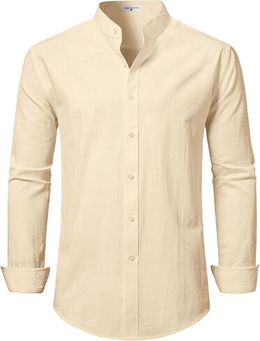 DELCARINO Mens Linen Band Collar Beach Shirts Casual Button Down Solid Plain Long Sleeve Hawaiian Shirts in Saudi Arabia