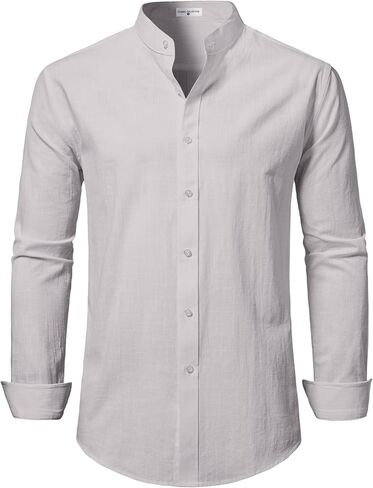 DELCARINO Mens Linen Band Collar Beach Shirts Casual Button Down Solid Plain Long Sleeve Hawaiian Shirts in Saudi Arabia