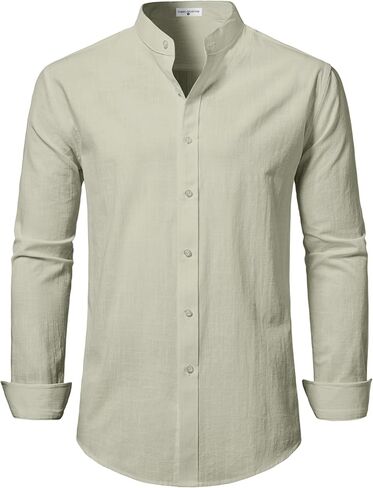 DELCARINO Mens Linen Band Collar Beach Shirts Casual Button Down Solid Plain Long Sleeve Hawaiian Shirts in Saudi Arabia