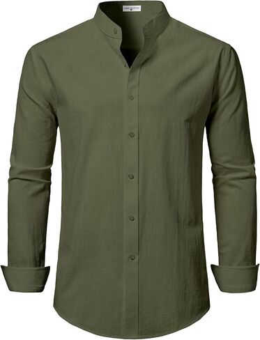 DELCARINO Mens Linen Band Collar Beach Shirts Casual Button Down Solid Plain Long Sleeve Hawaiian Shirts in Saudi Arabia