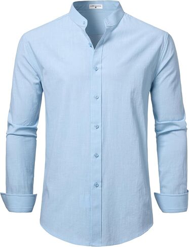 DELCARINO Mens Linen Band Collar Beach Shirts Casual Button Down Solid Plain Long Sleeve Hawaiian Shirts in Saudi Arabia