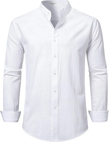 DELCARINO Mens Linen Band Collar Beach Shirts Casual Button Down Solid Plain Long Sleeve Hawaiian Shirts in Saudi Arabia