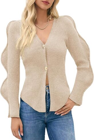 Saodimallsu Womens Button Up Cardigans v الرقبة مضلعة المتماسك السترات الصوفية الطويلة الأكمام in Saudi Arabia