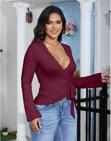 acelyn Women Pilates Workout Top Lace Trim Long Sleeve Wrap Shirt Y2K Sheer V Neck Cross Wrap Blouses in Saudi Arabia