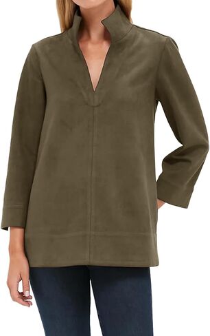 سترة علوية نسائية من Csvinkiko مصنوعة من الجلد السويدي الصناعي ورقبة على شكل V وأكمام 3/4 وياقة واقفة، بلوزات أنيقة وعصرية، ملابس يومية غير رسمية in Kuwait