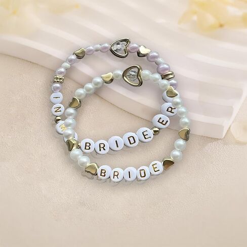 VAIAOH 2pc Bride Era Beaded Bracelet Set, Pearl Wedding Friendship Bracelets, Gold Hearts and Letter Beads, Bridal Inspired Bracelets gift for women in Saudi Arabia