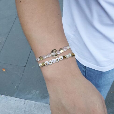 VAIAOH 2pc Bride Era Beaded Bracelet Set, Pearl Wedding Friendship Bracelets, Gold Hearts and Letter Beads, Bridal Inspired Bracelets gift for women in Saudi Arabia