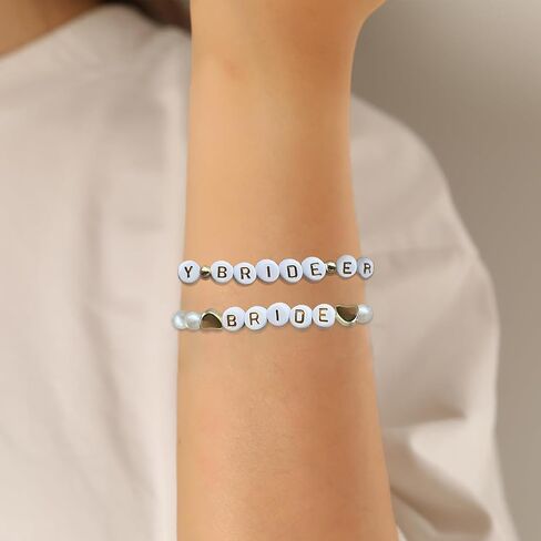 VAIAOH 2pc Bride Era Beaded Bracelet Set, Pearl Wedding Friendship Bracelets, Gold Hearts and Letter Beads, Bridal Inspired Bracelets gift for women in Saudi Arabia