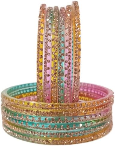 Designer Glass Bangles Set with Diamond Stone For Women & Girls | Stylish Glass Bangles | Fancy Chudi Set | Traditional Women's Bangles | Fashion Jewellery- Set of 12(LIGHT MULTI SIZE 2.4) in Saudi Arabia
