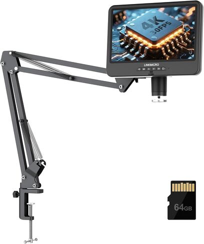 LM208S 4K HDMI Digital Microscope 10.1 '' مع ضوء الحلقة ، 3840p uhd video ، 1500x 4k 30fps cameroes electronic camero for soldering ، 12.6 '' Stand ، 64g in Kuwait