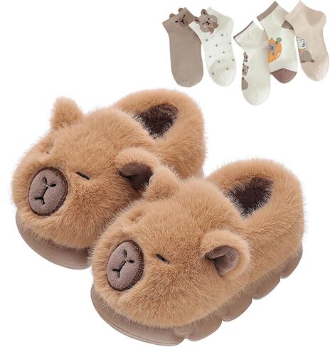 Capybara Slippers Kids Women With 5 pcs Socks Plush Cartoon Closed Back Slide Sandals Cute Indoor Outdoor Cozy House Shoes in Saudi Arabia