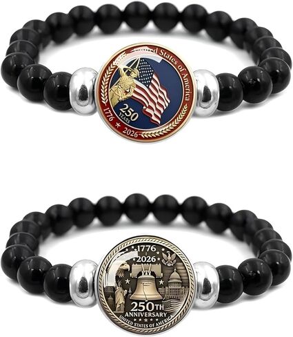 Gmbkouo 2 قطعة مجموعة أساور الخرزة السوداء للذكرى السنوية الـ 250 للولايات المتحدة مع قلادة علم زجاج كريستال، صناعة يدوية مرنة قابلة للتعديل للرجال والنساء، هدية مجوهرات يوم الاستقلال الوطني in Kuwait