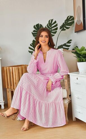 فستان نسائي شتوي كاجوال من ECOWISH - رقبة على شكل V وأكمام طويلة ميدي مطوي متدرج منقوش فضفاض فساتين نزهة الأمومة in Saudi Arabia