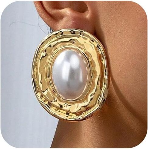 Large Gold Pearls Oval Dangling Earrings for Women Vintage Geometric Round Dangle Earring Exaggerated Plus Size Two Tone Statement Jewelry Costume Accessories in Saudi Arabia