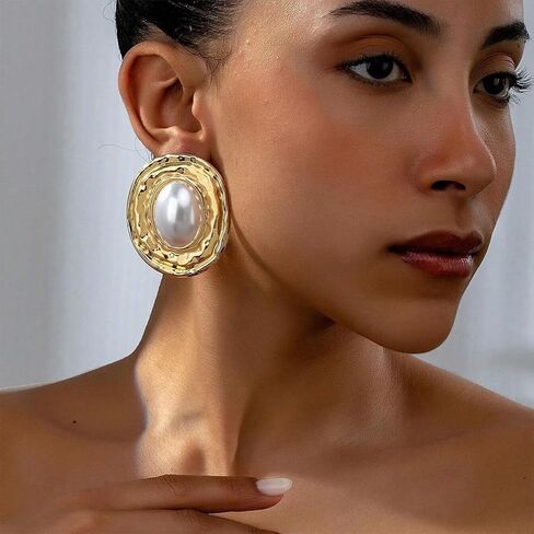Large Gold Pearls Oval Dangling Earrings for Women Vintage Geometric Round Dangle Earring Exaggerated Plus Size Two Tone Statement Jewelry Costume Accessories in Saudi Arabia