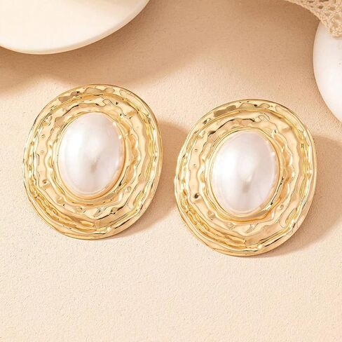 Large Gold Pearls Oval Dangling Earrings for Women Vintage Geometric Round Dangle Earring Exaggerated Plus Size Two Tone Statement Jewelry Costume Accessories in Saudi Arabia