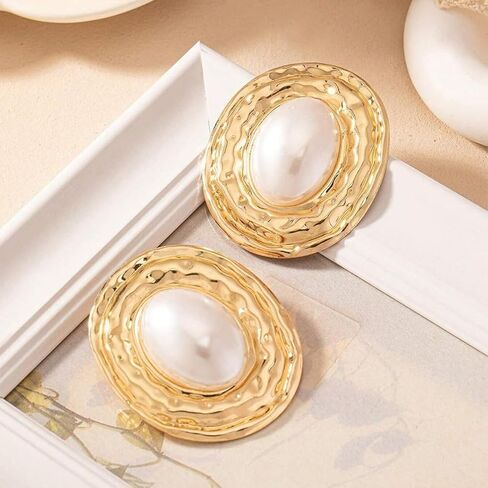 Large Gold Pearls Oval Dangling Earrings for Women Vintage Geometric Round Dangle Earring Exaggerated Plus Size Two Tone Statement Jewelry Costume Accessories in Saudi Arabia