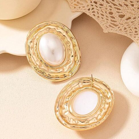 Large Gold Pearls Oval Dangling Earrings for Women Vintage Geometric Round Dangle Earring Exaggerated Plus Size Two Tone Statement Jewelry Costume Accessories in Saudi Arabia