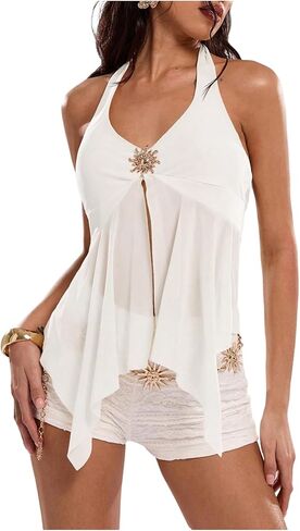 SweatyRocks Women's Mesh Split V Neck Halter Top Flowy Sleeveless Asymmetrical Tie Back Party Tops in Saudi Arabia