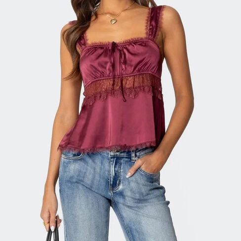 Women Y2K Lace Satin Cami Top Spaghetti Strap V Neck Silk Camisole Backless Loose Tank Tops Sexy Going Out Top in Saudi Arabia
