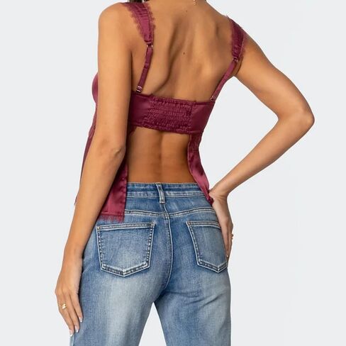Women Y2K Lace Satin Cami Top Spaghetti Strap V Neck Silk Camisole Backless Loose Tank Tops Sexy Going Out Top in Saudi Arabia