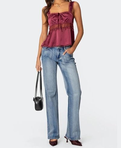 Women Y2K Lace Satin Cami Top Spaghetti Strap V Neck Silk Camisole Backless Loose Tank Tops Sexy Going Out Top in Saudi Arabia
