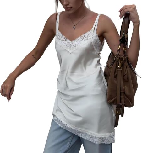 Women Y2K Lace Satin Cami Top Spaghetti Strap V Neck Silk Camisole Backless Loose Tank Tops Sexy Going Out Top in Saudi Arabia