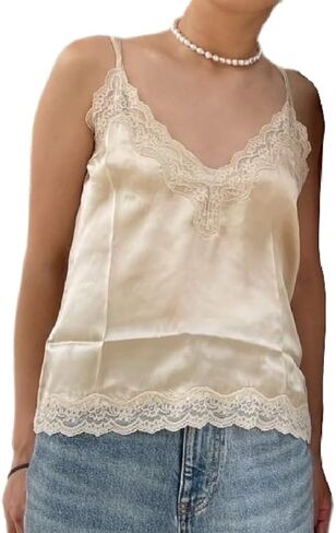 Women Y2K Lace Satin Cami Top Spaghetti Strap V Neck Silk Camisole Backless Loose Tank Tops Sexy Going Out Top in Saudi Arabia