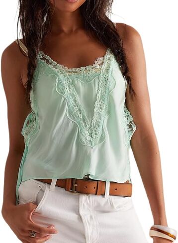 Women Y2K Lace Satin Cami Top Spaghetti Strap V Neck Silk Camisole Backless Loose Tank Tops Sexy Going Out Top in Saudi Arabia