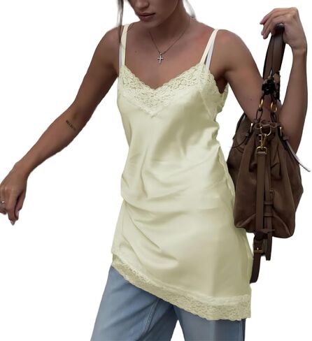 Women Y2K Lace Satin Cami Top Spaghetti Strap V Neck Silk Camisole Backless Loose Tank Tops Sexy Going Out Top in Saudi Arabia