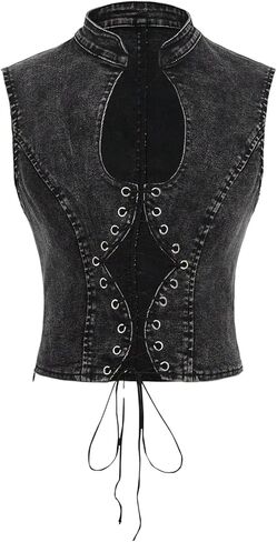 WDIRARA Women's Cut Out Lace Up Denim Tank Top Mock Neck Sleeveless Jean Crop Tops in Saudi Arabia