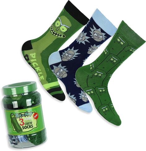 Rick and Morty Men's Pickle Rick 3 Pair Casual Crew Socks in Jar Container Fits Shoe Size 6-12 in Saudi Arabia