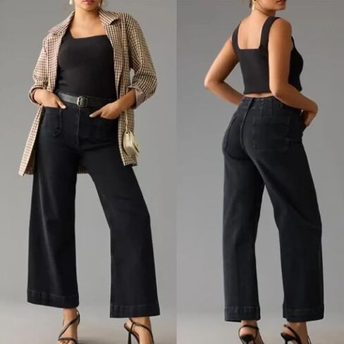 MIFJNF Oprah's Favorite Women's High Waisted Tummy Control Sailor Wide Leg Trouser Cropped Wide Leg Baggy Stretchy Denim Jean (Blue,Small) in Saudi Arabia