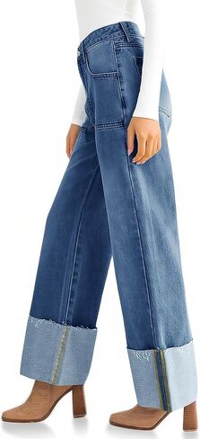 KKSONG Womens High Waisted Baggy Cuffed Jeans Wide Straight Leg Boyfriend Denim Pants with Deep Pockets in Saudi Arabia