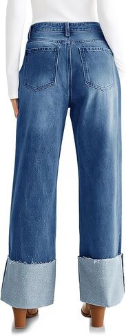 KKSONG Womens High Waisted Baggy Cuffed Jeans Wide Straight Leg Boyfriend Denim Pants with Deep Pockets in Saudi Arabia