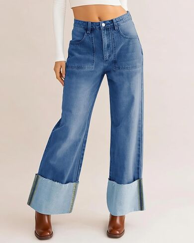 KKSONG Womens High Waisted Baggy Cuffed Jeans Wide Straight Leg Boyfriend Denim Pants with Deep Pockets in Saudi Arabia