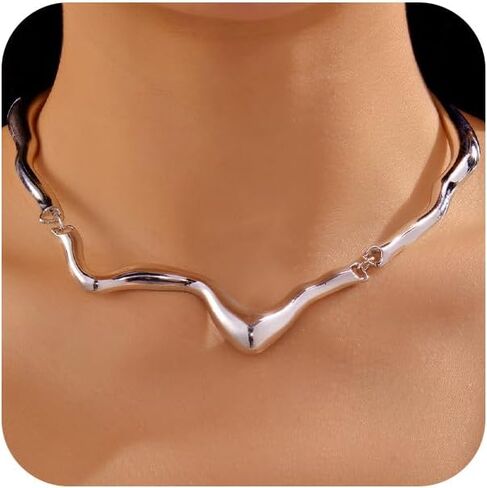 OAOSIOH Unique Chunky Gold Liquid Metal Clavicle Choker Necklace for Women Trendy Punk Irregular Geometric Wavy Necklaces Party Rock Hip Hop Jewelry Accessories in Saudi Arabia