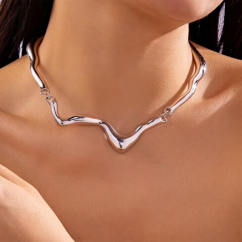 OAOSIOH Unique Chunky Gold Liquid Metal Clavicle Choker Necklace for Women Trendy Punk Irregular Geometric Wavy Necklaces Party Rock Hip Hop Jewelry Accessories in Saudi Arabia
