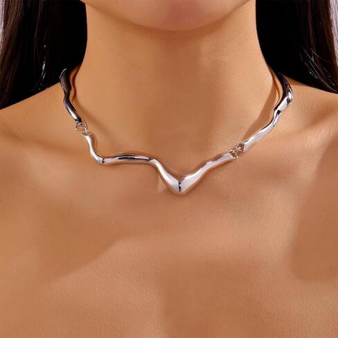 OAOSIOH Unique Chunky Gold Liquid Metal Clavicle Choker Necklace for Women Trendy Punk Irregular Geometric Wavy Necklaces Party Rock Hip Hop Jewelry Accessories in Saudi Arabia