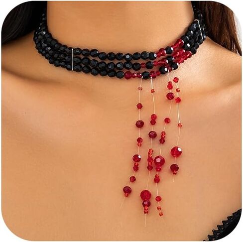 خمر اللؤلؤ القوطية الدم بالتنقيط قلادة قلادة للنساء، الطبقات الأسود مطرز الأحمر كريستال شرابة قطرة قلادة الرجعية هالوين حزب مجوهرات هدية الملحقات in Kuwait