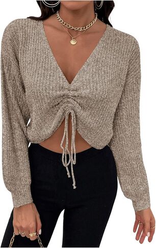 WDIRARA Women's Drawstring V Neck Sweater Long Sleeve Pullover Knit Crop Top in Saudi Arabia