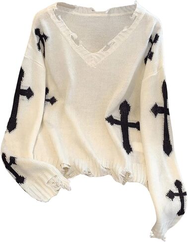 WDIRARA Women's Gothic Cross Graphic V Neck Sweater Distressed Raw Hem Pullover Y2k Going Out Knit Top in Saudi Arabia