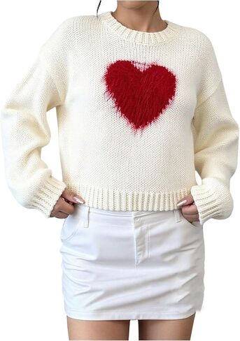 Floerns Women's Cute Heart Sweater Crew Neck Trendy Knit Pullover Tops Fall Outfit in Saudi Arabia