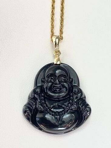 Shop-iGold Happy Laughing Buddha Black Jade Pendant Necklace Open Rolo Box Chain Genuine Certified Grade A Jadeite Jade Hand Crafted in Saudi Arabia