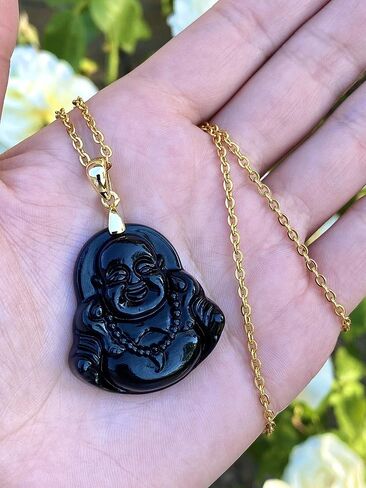 Shop-iGold Happy Laughing Buddha Black Jade Pendant Necklace Open Rolo Box Chain Genuine Certified Grade A Jadeite Jade Hand Crafted in Saudi Arabia