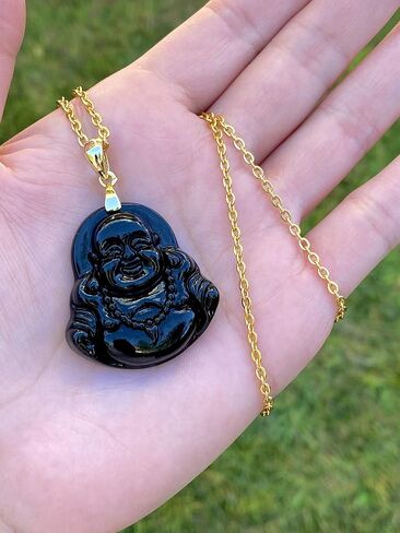 Shop-iGold Happy Laughing Buddha Black Jade Pendant Necklace Open Rolo Box Chain Genuine Certified Grade A Jadeite Jade Hand Crafted in Saudi Arabia