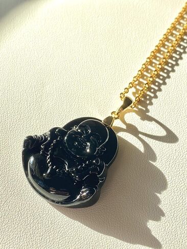Shop-iGold Happy Laughing Buddha Black Jade Pendant Necklace Open Rolo Box Chain Genuine Certified Grade A Jadeite Jade Hand Crafted in Saudi Arabia